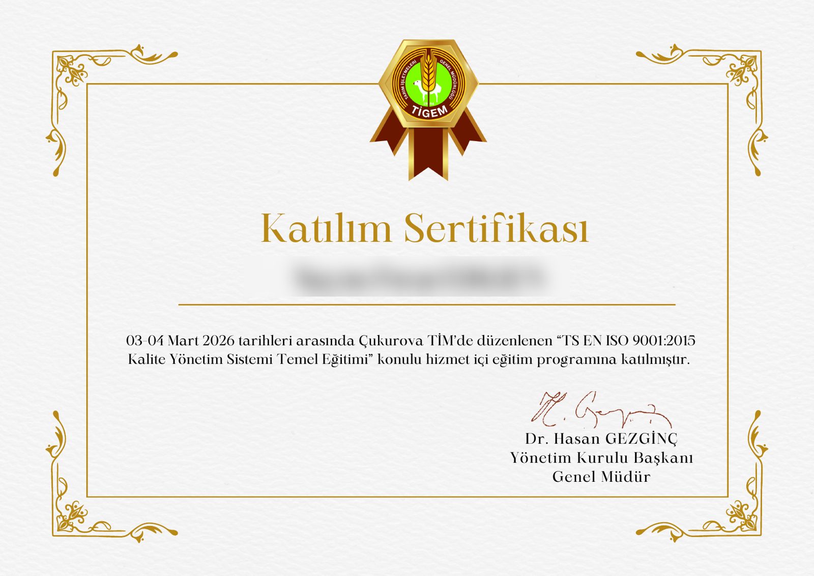 Katılım Sertifikası